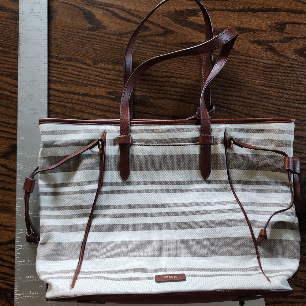 Fossil Tan and Cream Striped Tote